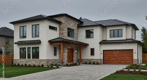 Elegant Contemporary House Exterior with Stone Accents and Dark Roof Detail