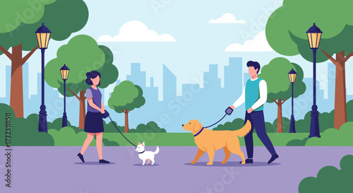 People walking their dogs in a park with cityscape background.