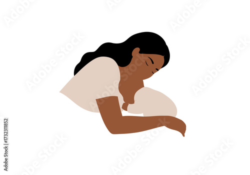 Sleeping woman with black hair beige shirt and brown skin resting her head on her arm