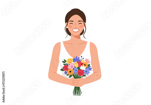Smiling woman in white top holds colorful bouquet with bright flowers in front of her
