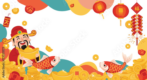 Chinese New Year celebration with god of wealth and fish.