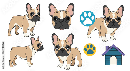Collection of french bulldogs and dog house icons.