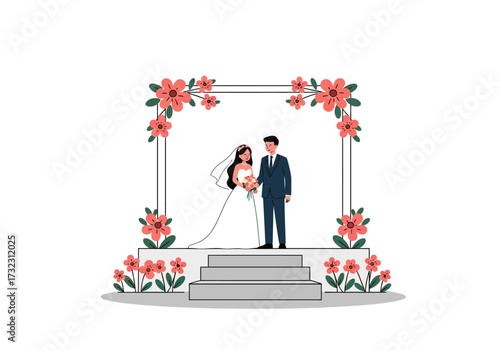 Wedding scene featuring a bride and groom under a floral arch on a stepped platform