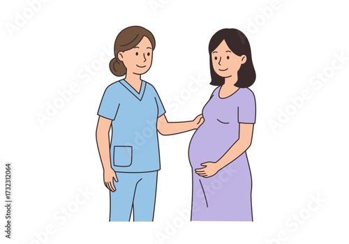 Woman in scrubs comforting pregnant person standing against a blank background