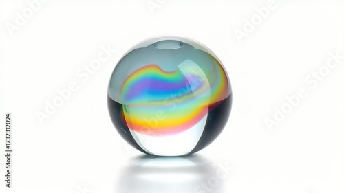 Transparent sphere with colorful internal reflections against a white backdrop