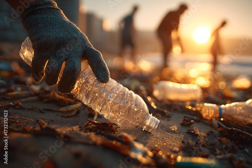 A gloved hand picks up plastic pollution from a beach during sunset.