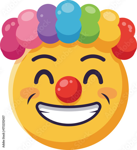 Smiling cartoon clown emoji with rainbow hair and a bright red nose, happy expression.