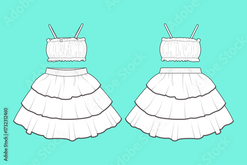 Kid Girls Smocked Crop Top and Tiered Ruffle Skirt Two Piece Set Flat Sketch CAD Template.