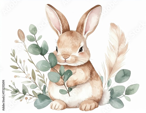 Adorable brown bunny holding eucalyptus leaves with feathers and greenery in watercolor style showcasing spring tenderness

