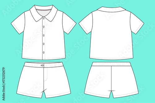 Baby Boys Short Sleeve Button Down Shirt with Shorts Summer Outfit Set Flat Sketch Vector Technical CAD Drawing.