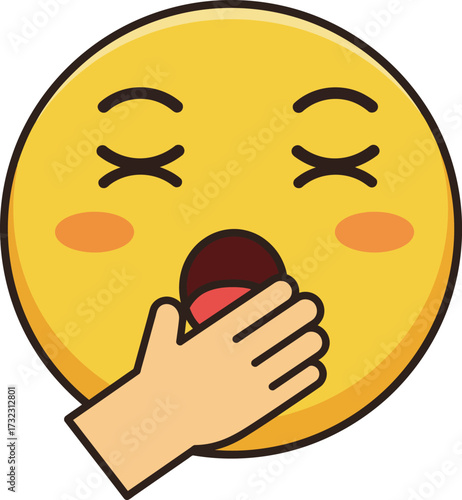 A yellow emoji with closed eyes and yawning mouth, covering with hand.