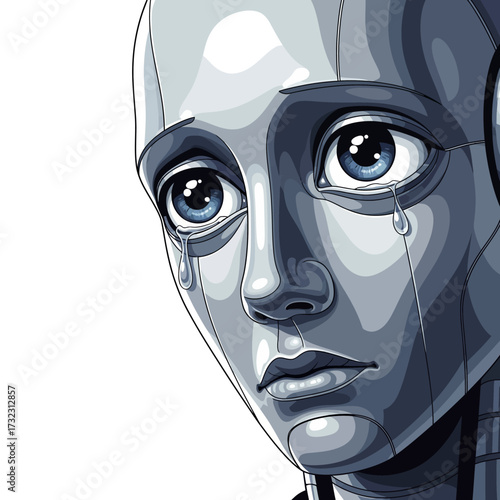 Close-up of a crying robot with blue eyes and tears streaming down its face.