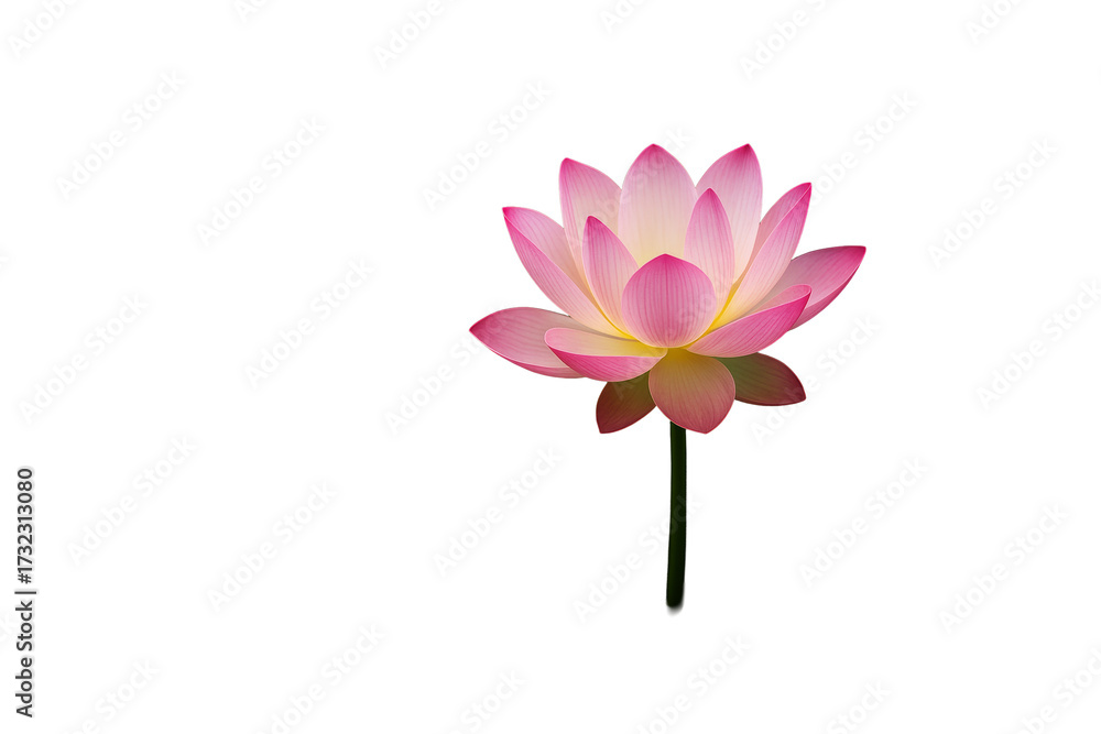 Obraz premium Pink lotus flower with soft pink and yellow petals, isolated style, white background, concept of purity and tranquility. Ai generative