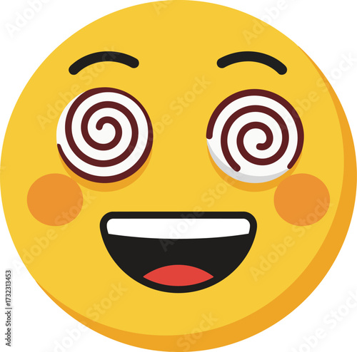 A cheerful yellow emoji face with rosy cheeks and wide-open mouth, displaying dizzy spiral eyes indicating confusion or enchantment.