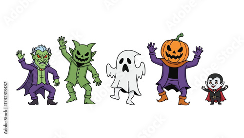 A Halloween Cartoon Characters Gathering: A whimsical illustration of Halloween icons gather together, capturing the fun and festive spirit of Halloween. 