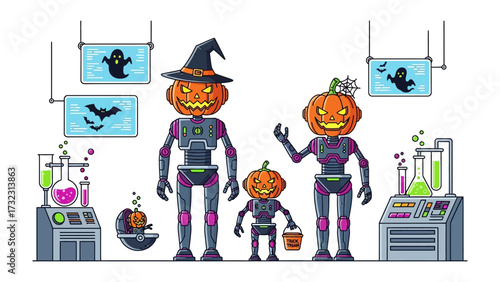 Spooky Pumpkin Family: An illustration of a family of animated pumpkins dressed as robots and surrounded by Halloween-themed elements, a clever, stylized depiction of spooky charm.