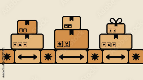 Three stacks of boxes with shipping labels on a conveyor belt with stars and arrows design elements