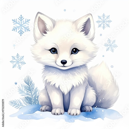 
Adorable arctic fox with snowflakes in winter watercolor design
