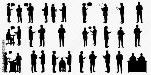 Silhouettes of diverse people communicating and interacting in various professional and business settings, featuring discussions, presentations, and meetings.