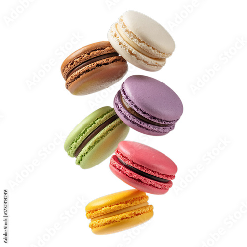 Various colorful of macarons floating on the air isolated on white background
