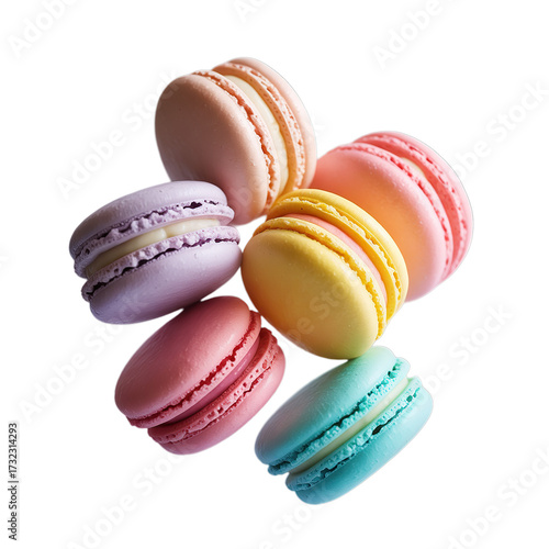 Various colorful of macarons floating on the air isolated on white background