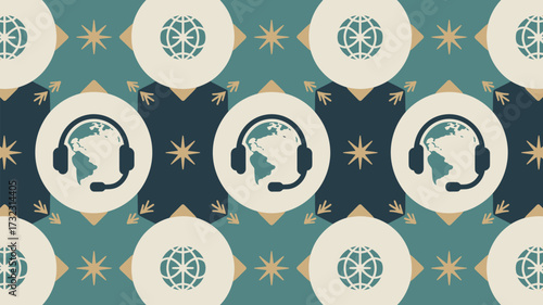 Pattern featuring globes with headsets and regular globes interspersed with stars and arrows design