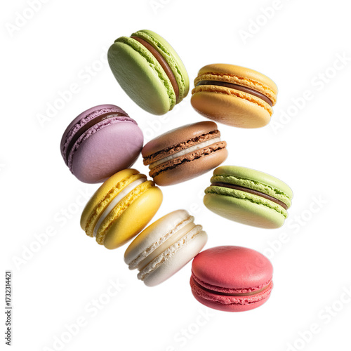Various colorful of macarons floating on the air isolated on white background