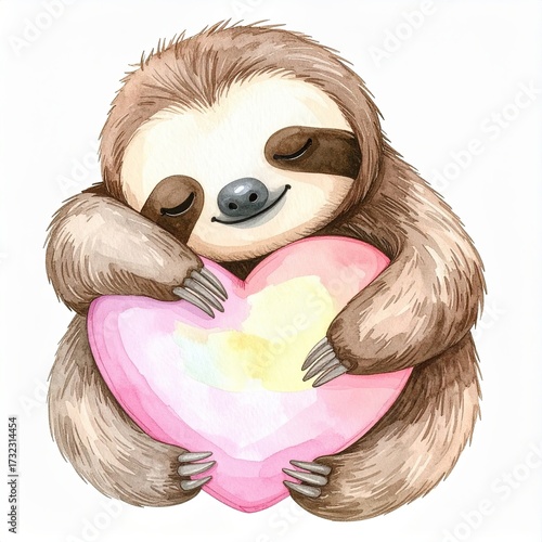 Cute sloth hugging pink watercolor heart with closed eyes in adorable cartoon style illustration
