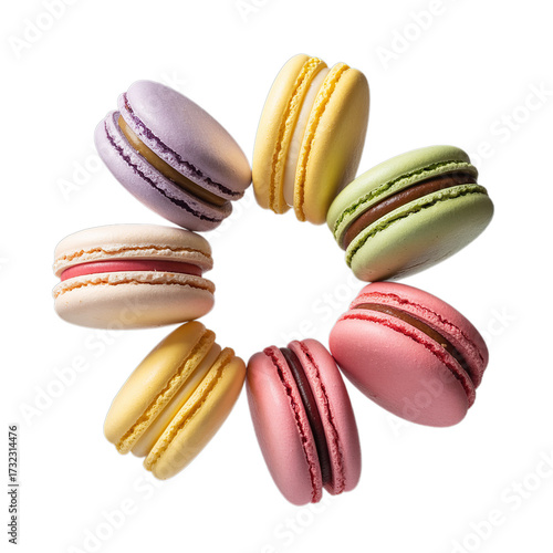Various colorful of macarons floating on the air isolated on white background
