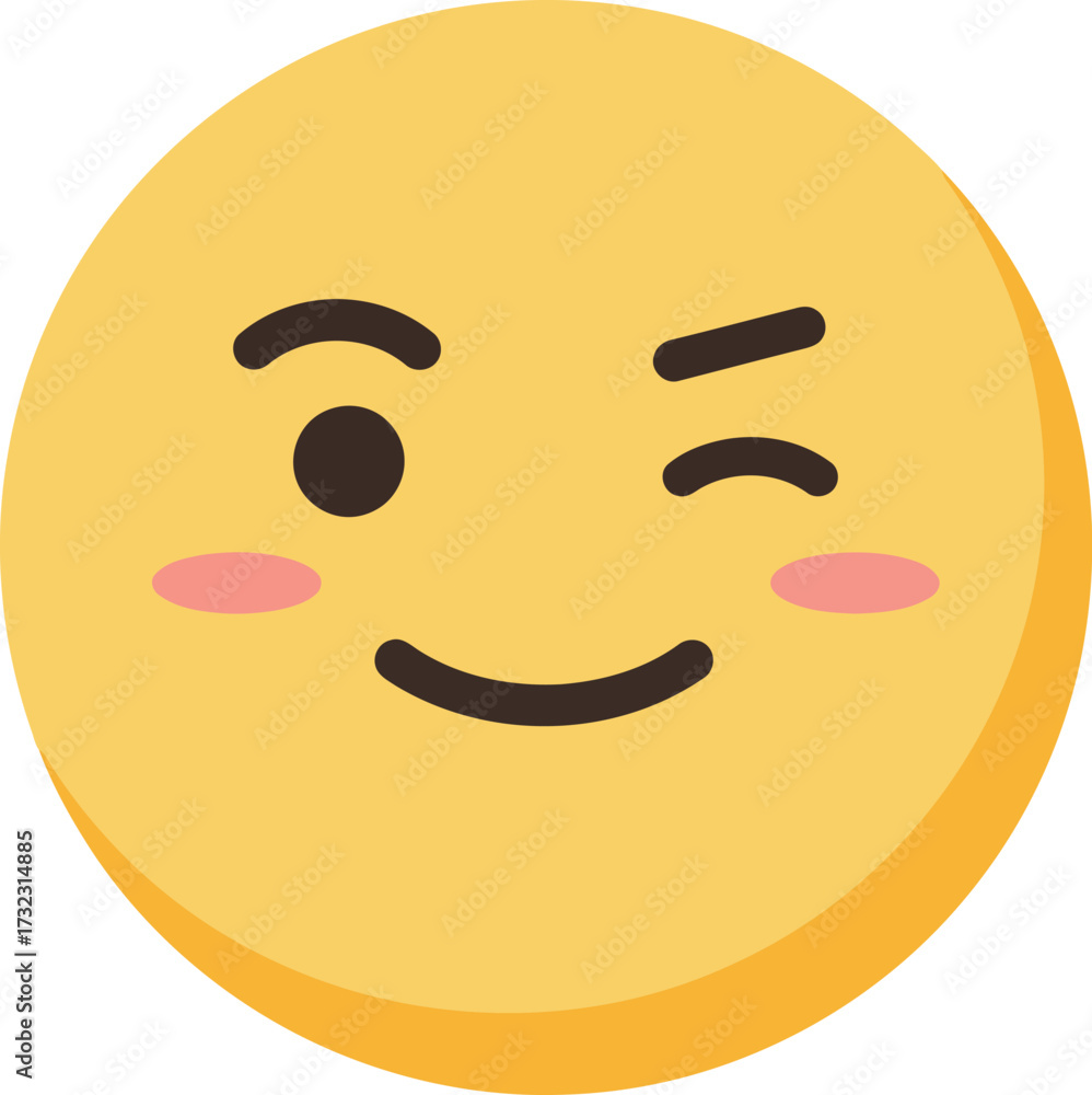 Fototapeta premium A yellow emoji face with a winking eye and a slight smile, featuring rosy cheeks.