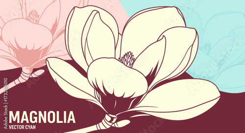 Floral art with magnolia outlines, pastel hues, vector style