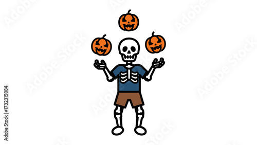 A Halloween Juggler: A whimsically drawn skeleton juggles three carved pumpkins with a spooky, festive flair. Perfect for Halloween, this illustration captures the holiday spirit.