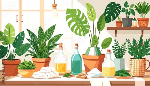 Bright, serene room with plants and wellness items