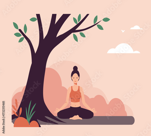 Wallpaper Mural Vector art of a serene woman meditates peacefully beneath a blossoming tree, finding inner peace and tranquility in a natural setting, surrounded by gentle hills and floating clouds, embodying mindful Torontodigital.ca