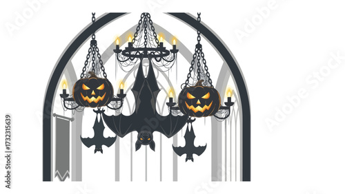 Gothic Halloween Chandelier: A spooky interior features a gothic chandelier adorned with jack-o'-lanterns and bats, creating a spooky atmosphere.