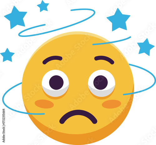 A yellow emoji face displaying dizziness, with swirling lines and blue stars around its head, indicating confusion or disorientation.
