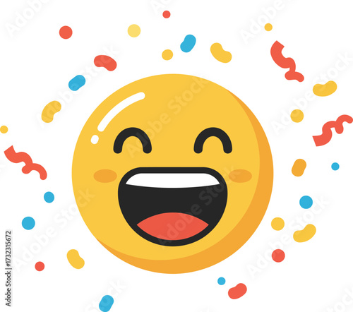 A cheerful, smiling emoji with a wide open mouth, surrounded by colorful confetti.