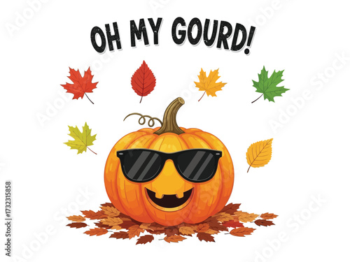 Cheerful Autumn Pumpkin with Sunglass: An illustrated image shows a grinning pumpkin wearing sunglasses, surrounded by colorful falling leaves, exclaiming, Oh my gourd!