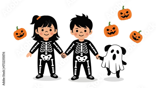 Halloween Gathering of the Young: A delightful illustration portrays a group of children in Halloween attire. pumpkins and a ghost hover, creating a cheerful seasonal scene.