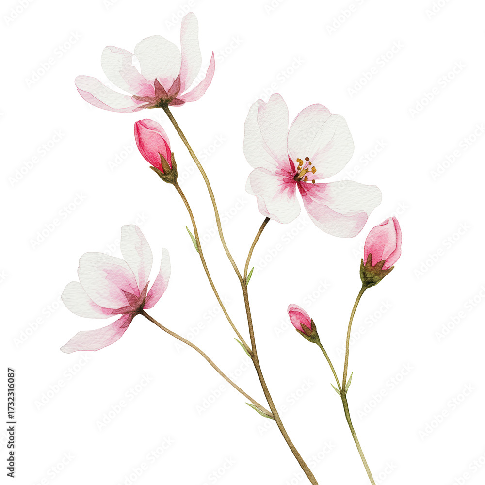 Obraz premium Delicate watercolor cherry blossom branch with pink petals and buds isolated on white background