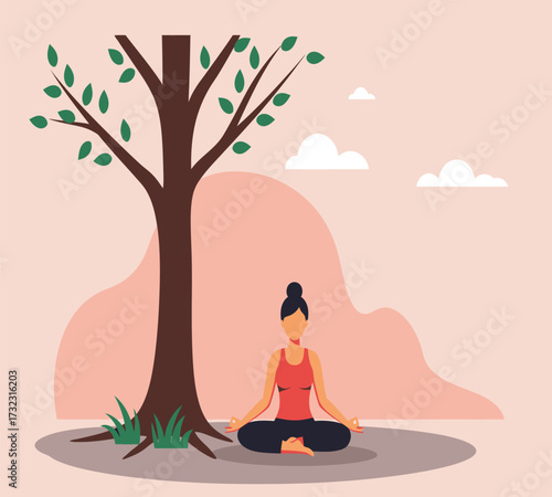 Vector art of a serene woman meditates peacefully beneath a blossoming tree, finding inner peace and tranquility in a natural setting, surrounded by gentle hills and floating clouds, embodying mindful