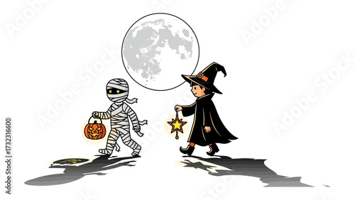 Enchanting Halloween Night: A whimsical illustration captures the spirit of Halloween, with a mummy and a witch trick-or-treating under a full moon, bringing a sense of childlike wonder.