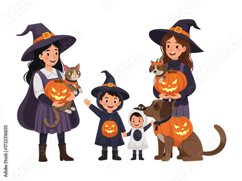 Halloween Pet Parade: A delightful scene of people and pets dressed in Halloween costumes, with pumpkins, sharing festive fun and laughter.