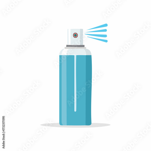Aerosol spray emitting blue liquid from nozzle representing sanitizing hygiene or cosmetic application, isolated
