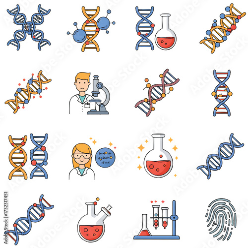 A collection of colorful flat line icons representing genetics, biotechnology, and scientific laboratory research concepts