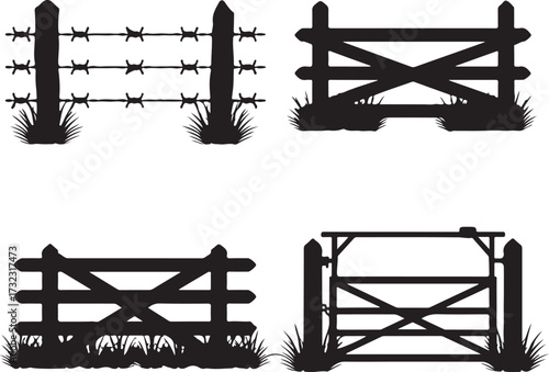 Farm fences and gates silhouettes barbed wire rural