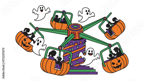 Spooky Halloween Ride: A festive illustration depicting a whimsical Halloween scene, a spooky carnival ride with pumpkin-shaped carts, accompanied by playful ghosts, radiating fun, and eerie charm.