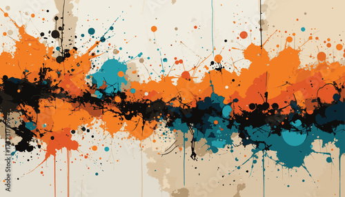  A bold abstract composition with orange, blue, and black splatters across a beige canvas. Dynamic energy and modern flair make this versatile wall art for contemporary interiors