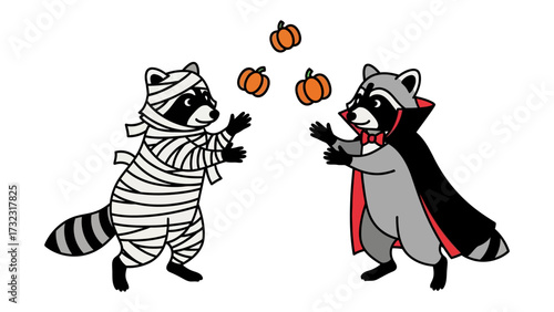 Halloween Raccoon's Festive Fling: Two raccoons engage in a spirited Halloween game, a mummy and a vampire.