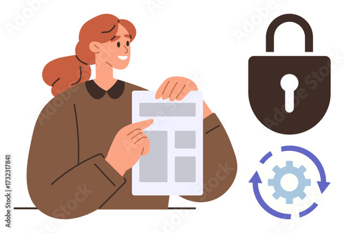 Woman holding and pointing at a document, lock symbolizing security, and gear with arrows for optimization. Ideal for data privacy, security protocols, intellectual property, management, teamwork